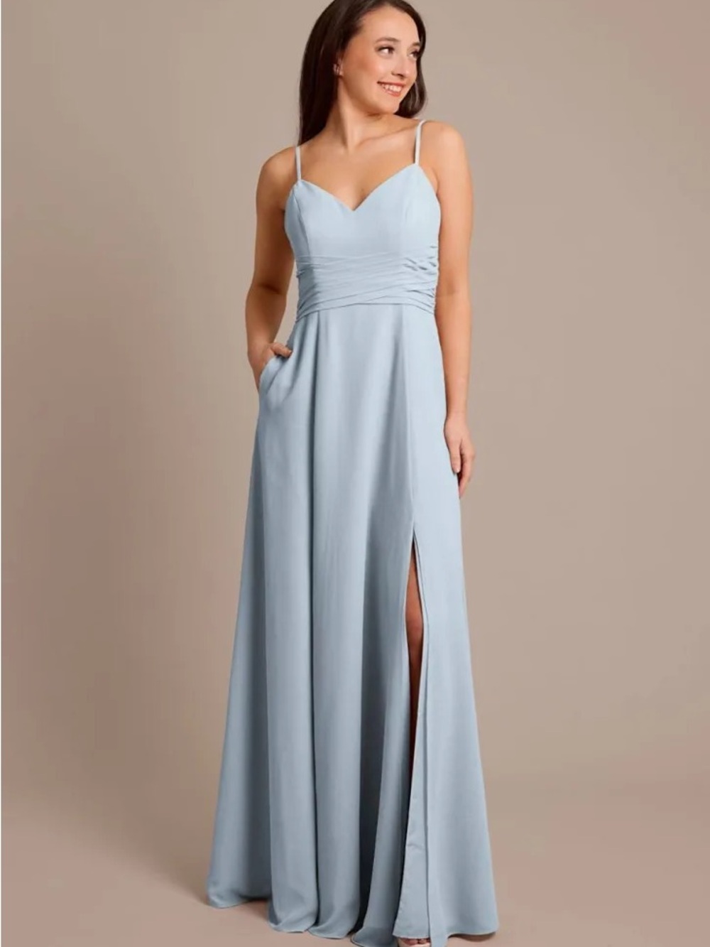 Satin-Effect Pale Blue Spaghetti Strap Maxi Dress